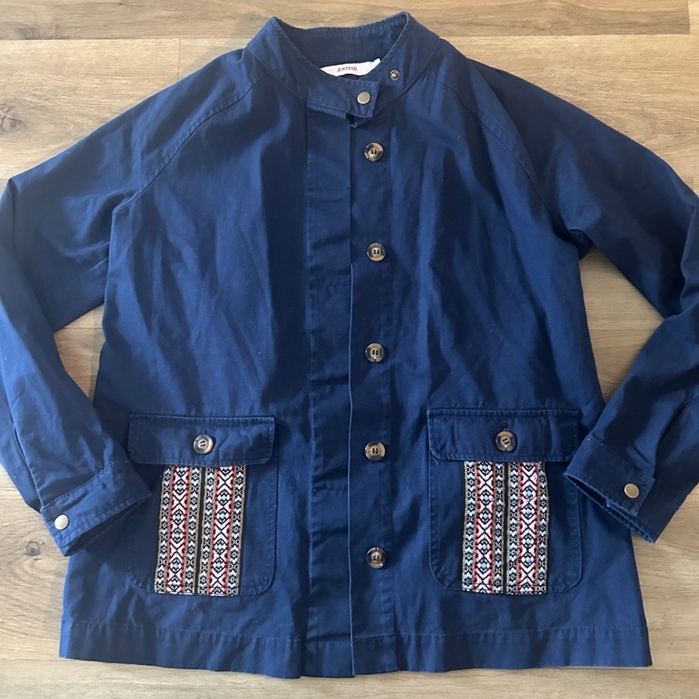 JustFab Navy Utility Jacket with Tribal Pocket Detail Women’s, Size L, EUC - Picture 2 of 7